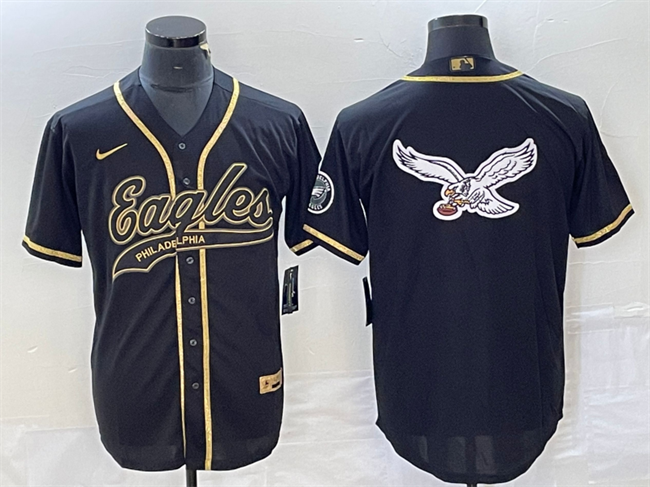 Men's Philadelphia Eagles Black Gold Team Big Logo Cool Base Stitched Baseball Jersey